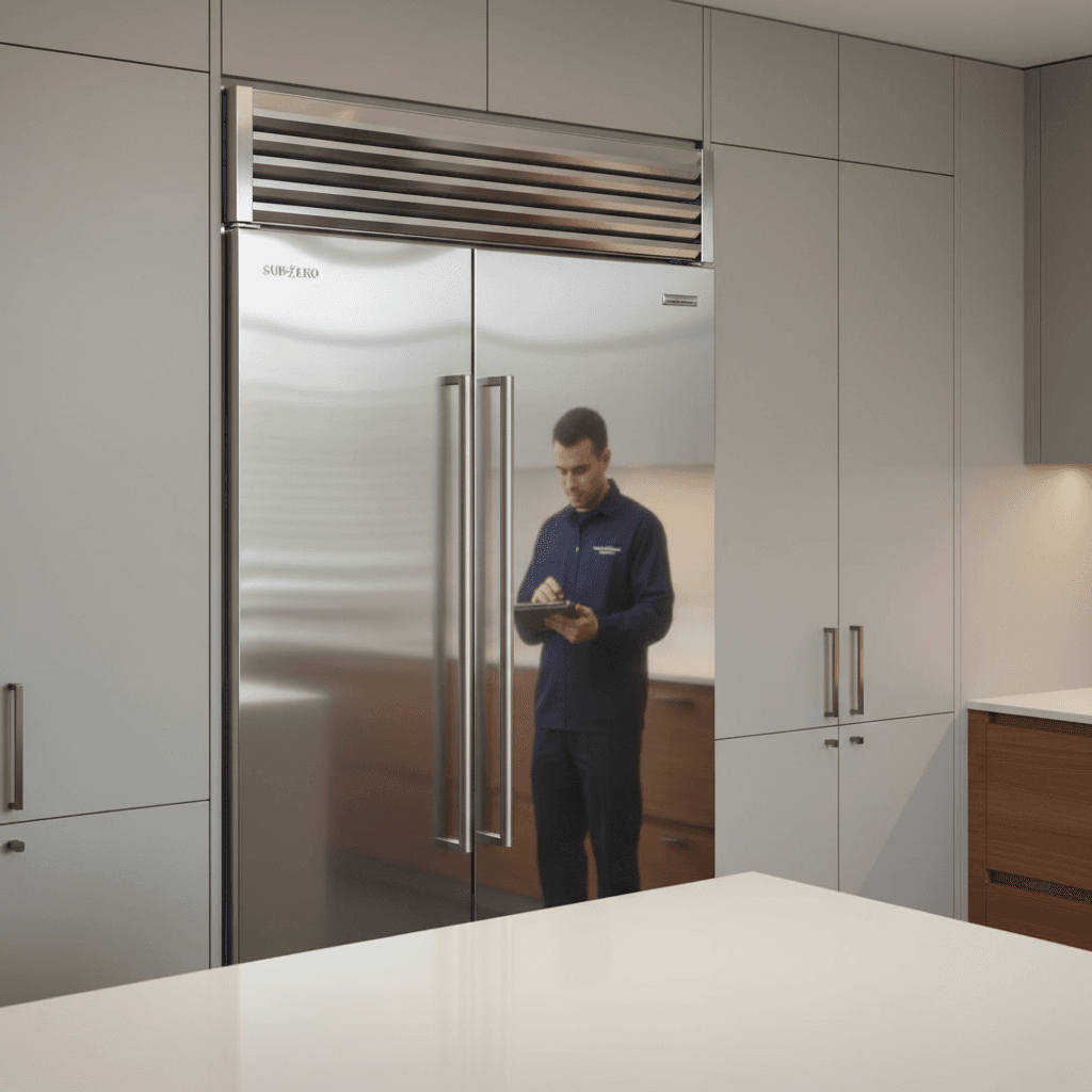 Luxury appliance brand repair specialist standing before high-end refrigerator