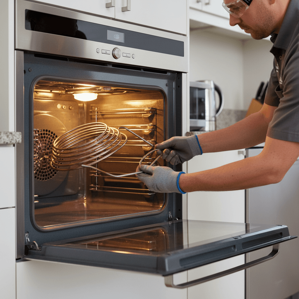 Technician replacing oven heating element