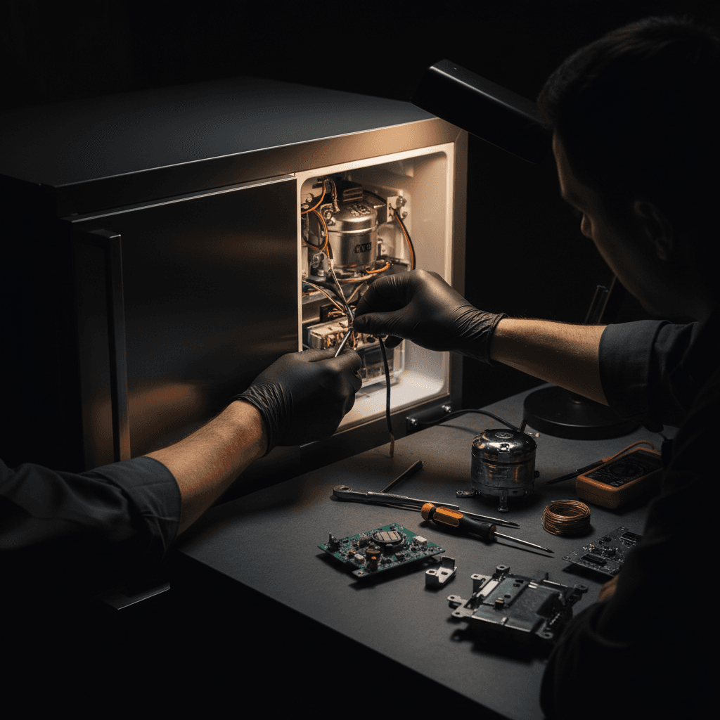 Technician repairing luxury appliance components