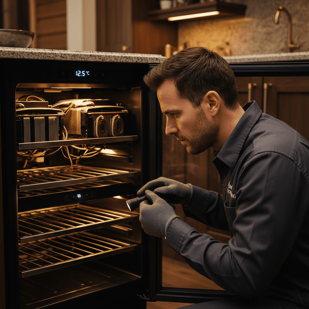 Technician servicing wine cooler interior