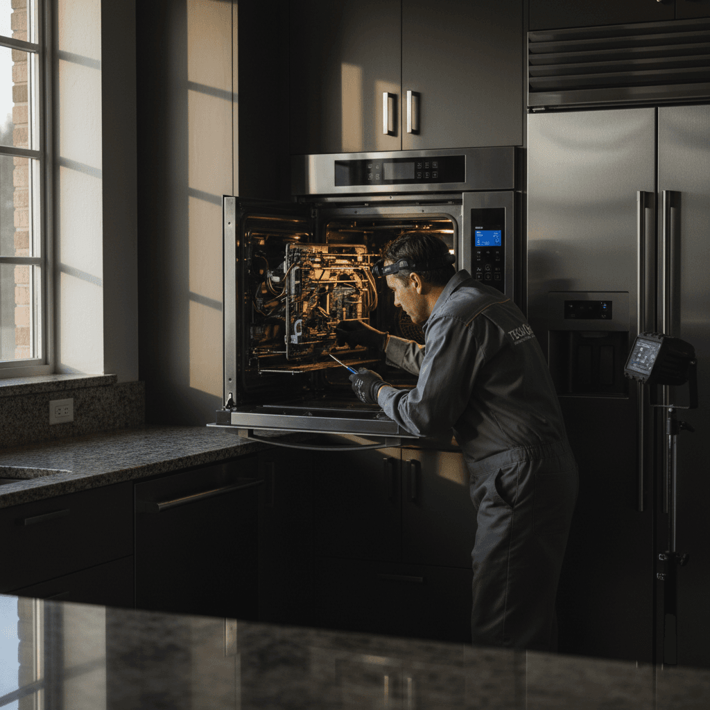 Technician examining oven heating elements and controls