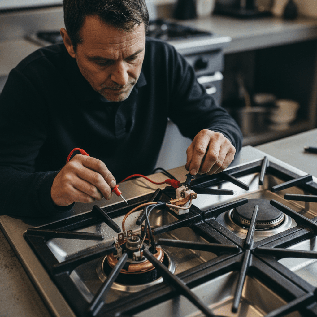 Gas range burner repair with technician testing ignition system