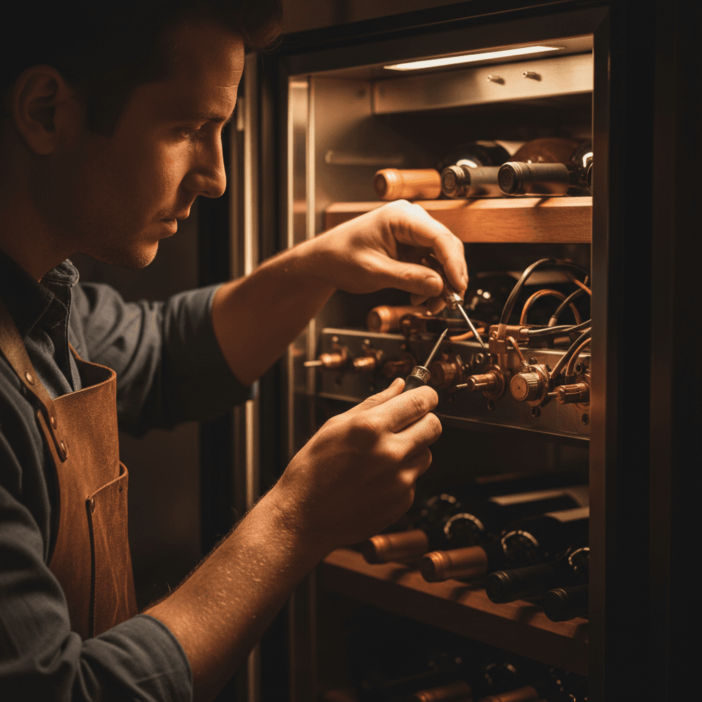 Wine chiller refrigeration system repair with technician adjusting temperature control