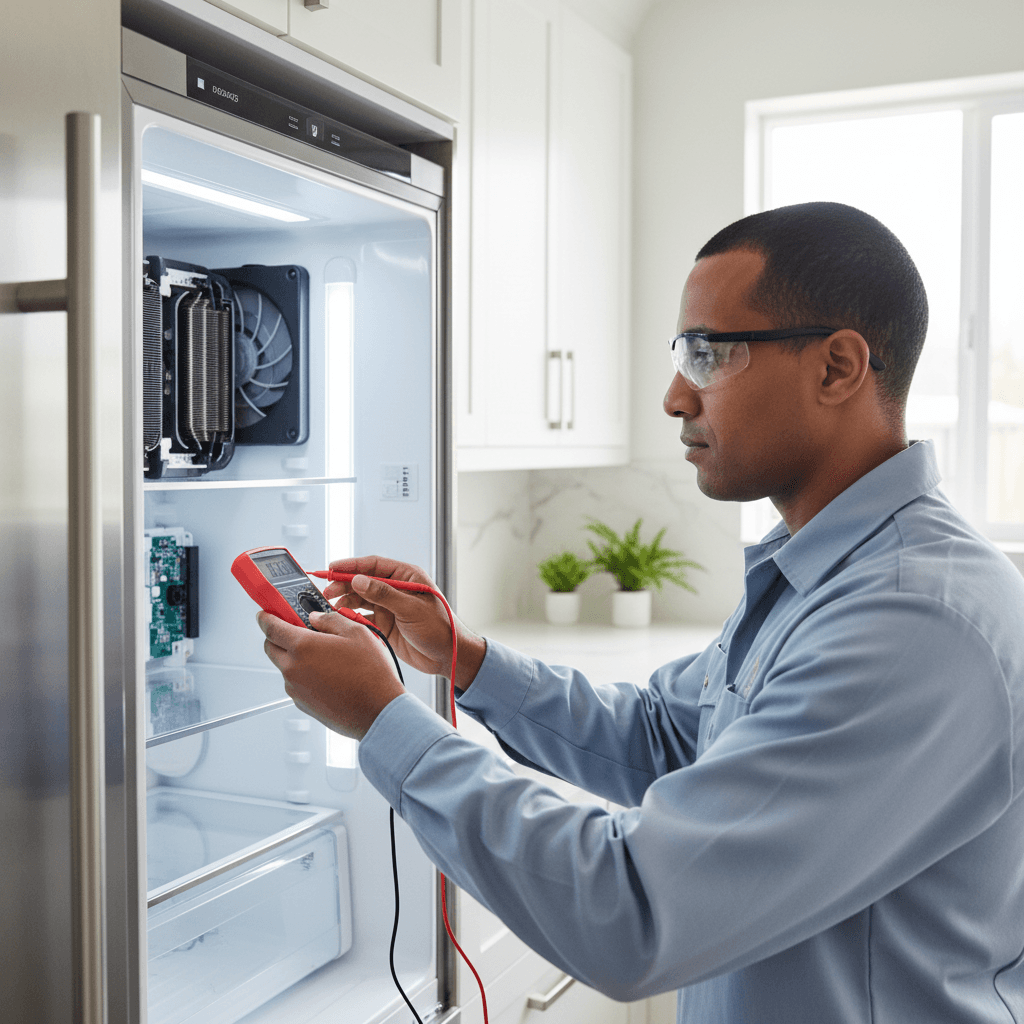 Refrigerator diagnostic testing and repair in a residential kitchen