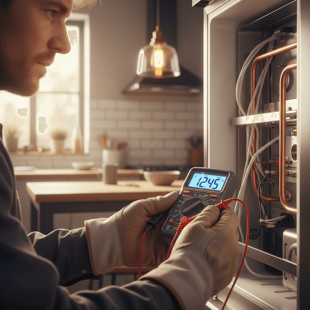 Technician diagnosing refrigerator cooling system