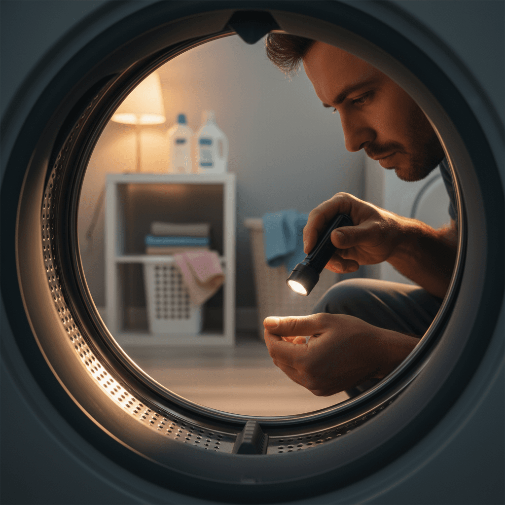 Technician inspecting washing machine drum