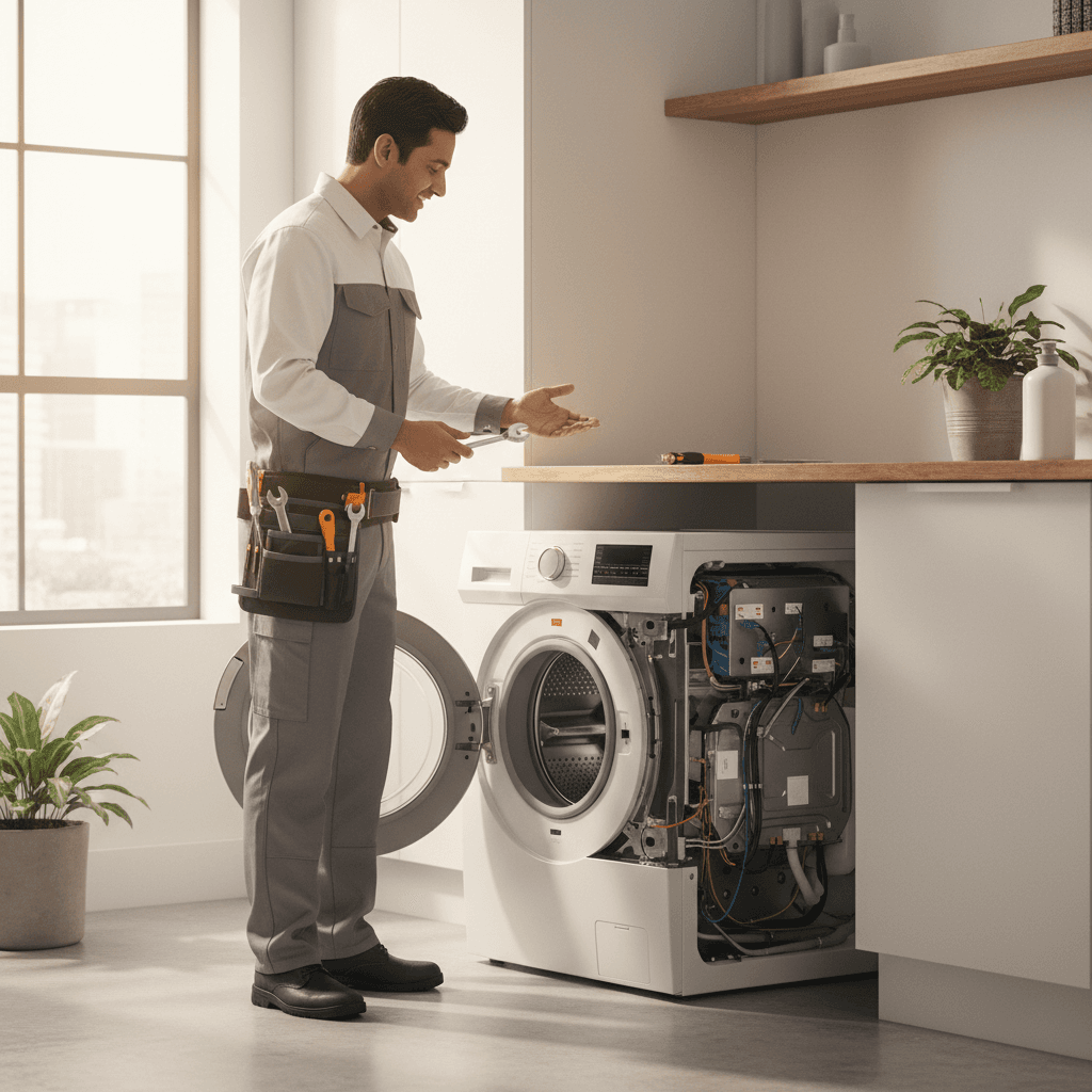 Technician servicing a washing machine