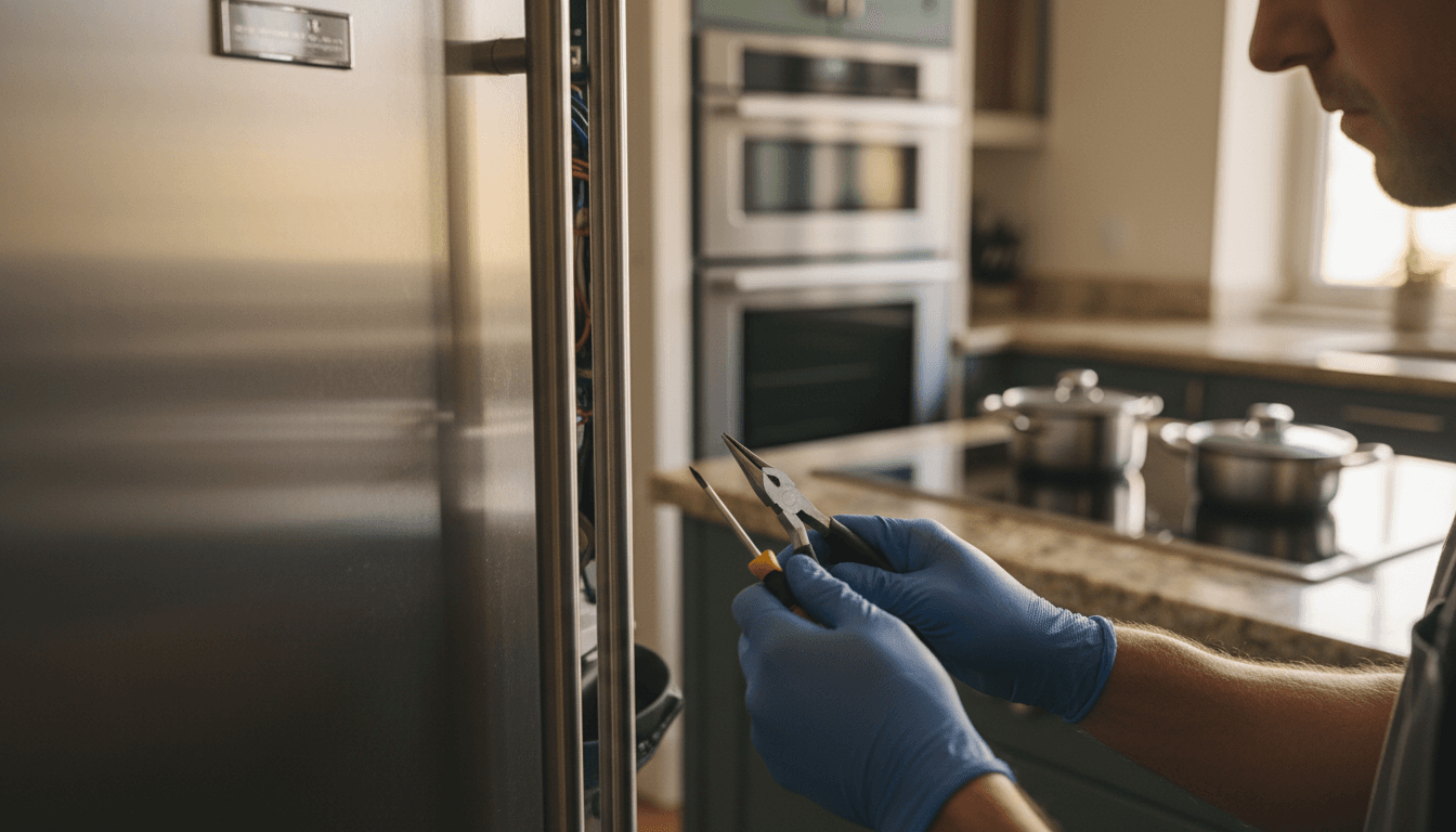 RightPro technician repairing a luxury stainless steel refrigerator