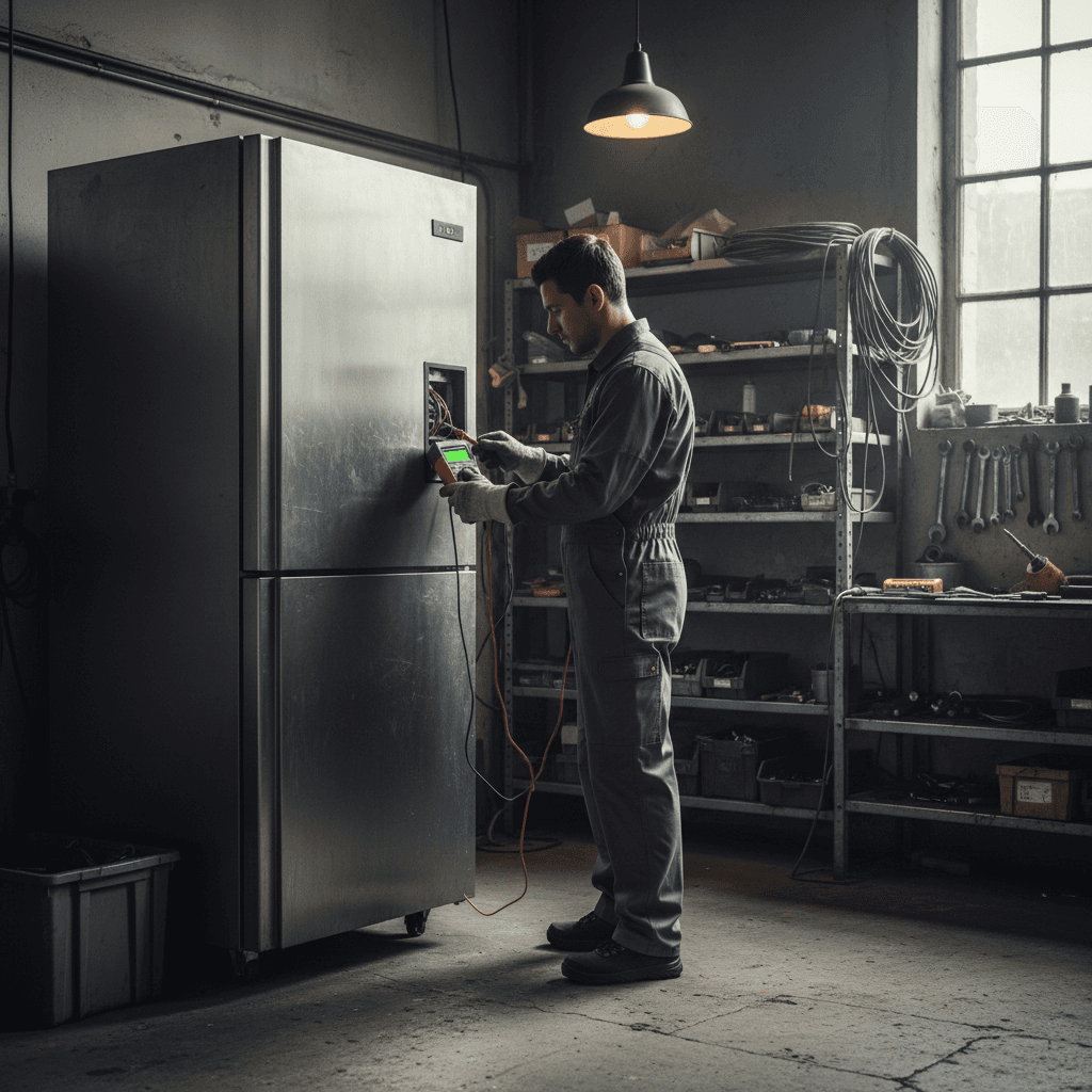 Technician servicing specialty freezer unit