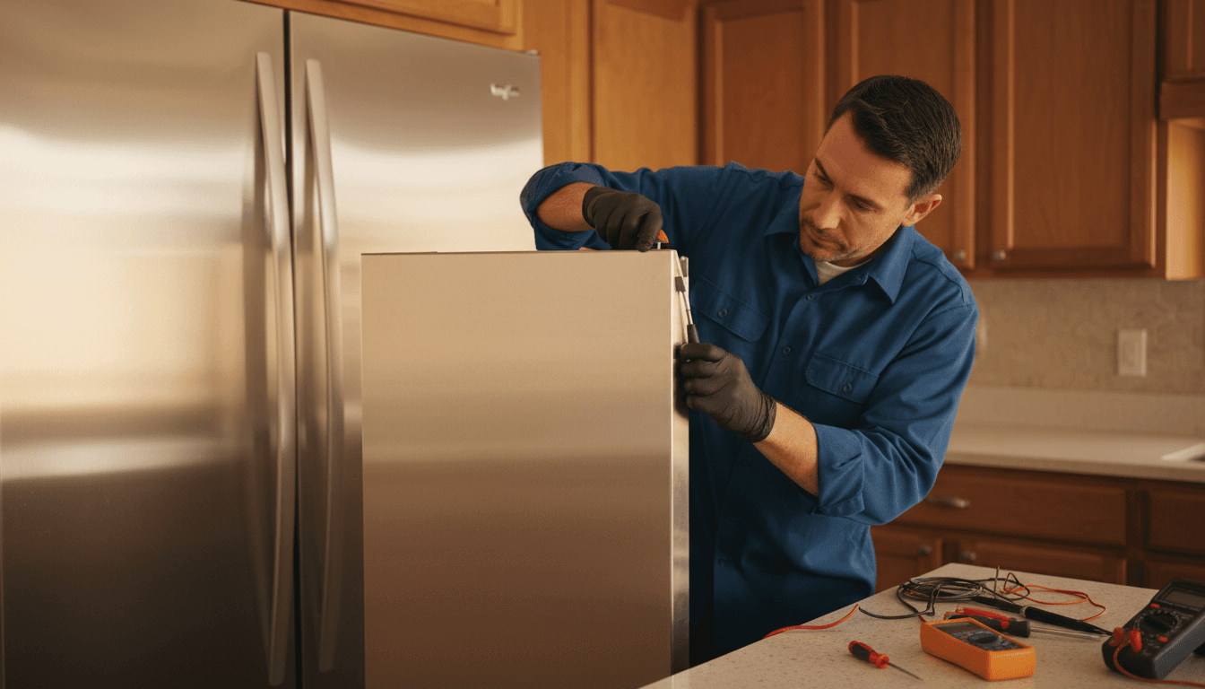 Skilled technician performing expert repair on a luxury stainless steel refrigerator in a Cincinnati home