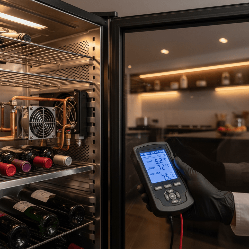 Technician servicing wine chiller cooling system